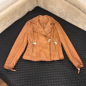 NEW Max Studio Cognac Washed Faux Leather Moto Jacket, Size S